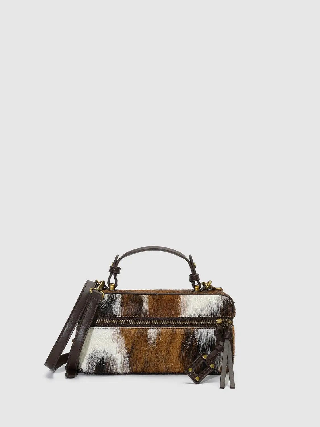 Zipped Closure Mini Size Fluffy Bovine Fur Shoulder Hand Bag