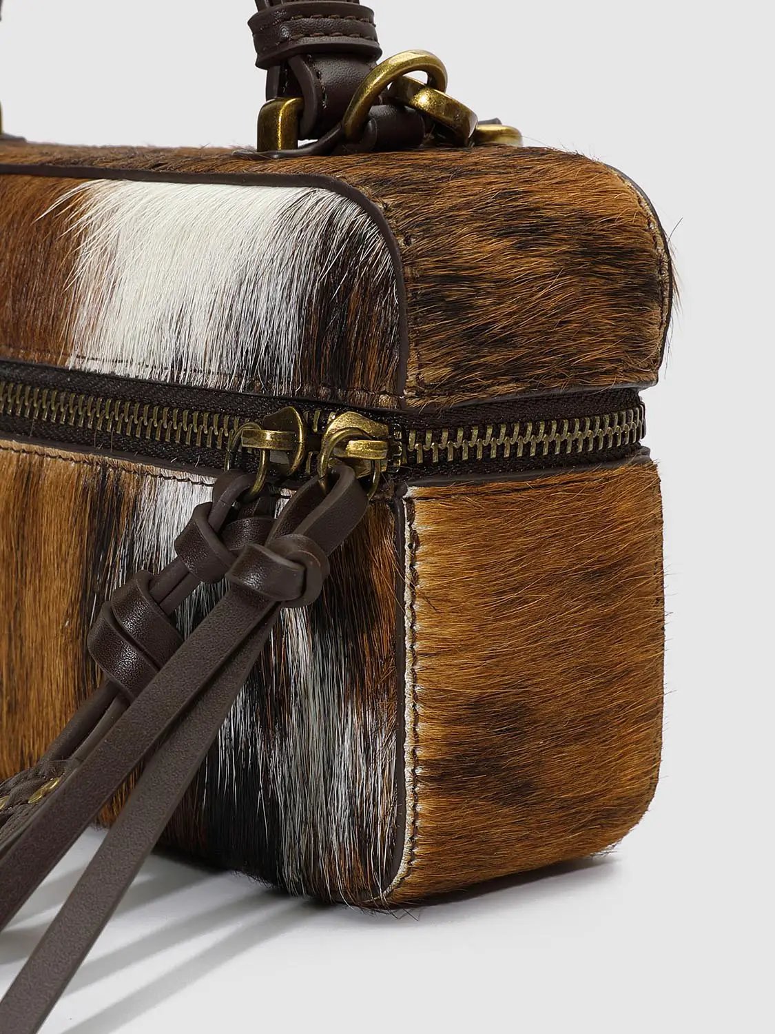 Zipped Closure Mini Size Fluffy Bovine Fur Shoulder Hand Bag