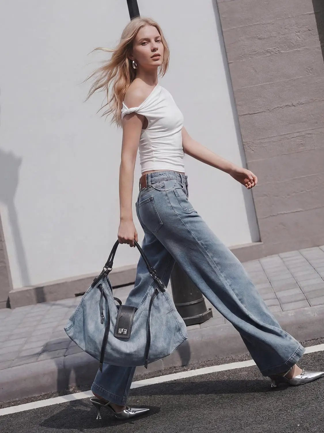 Gradient Detail Denim With Leather Trim Shoulder Bag
