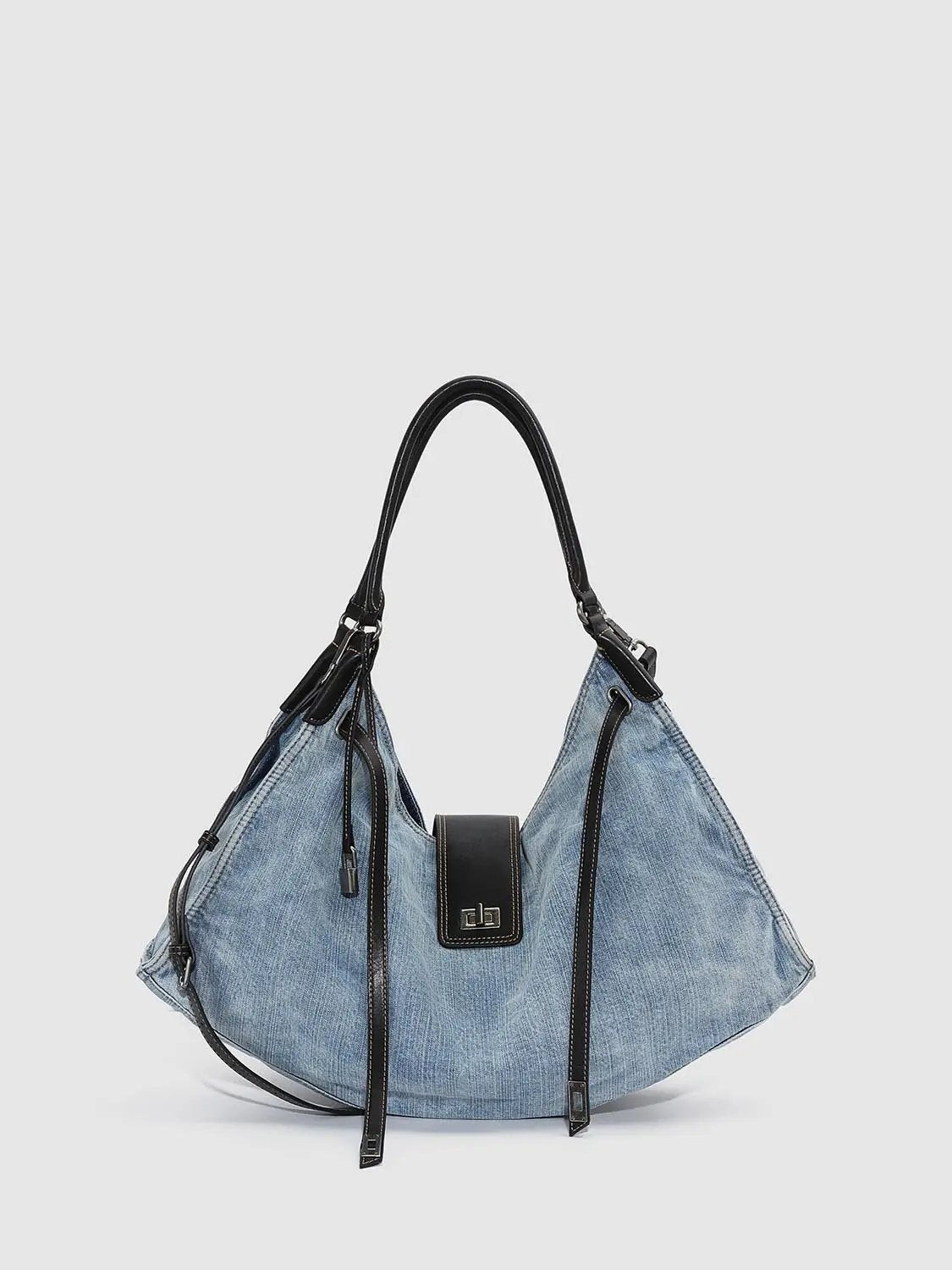 Gradient Detail Denim With Leather Trim Shoulder Bag