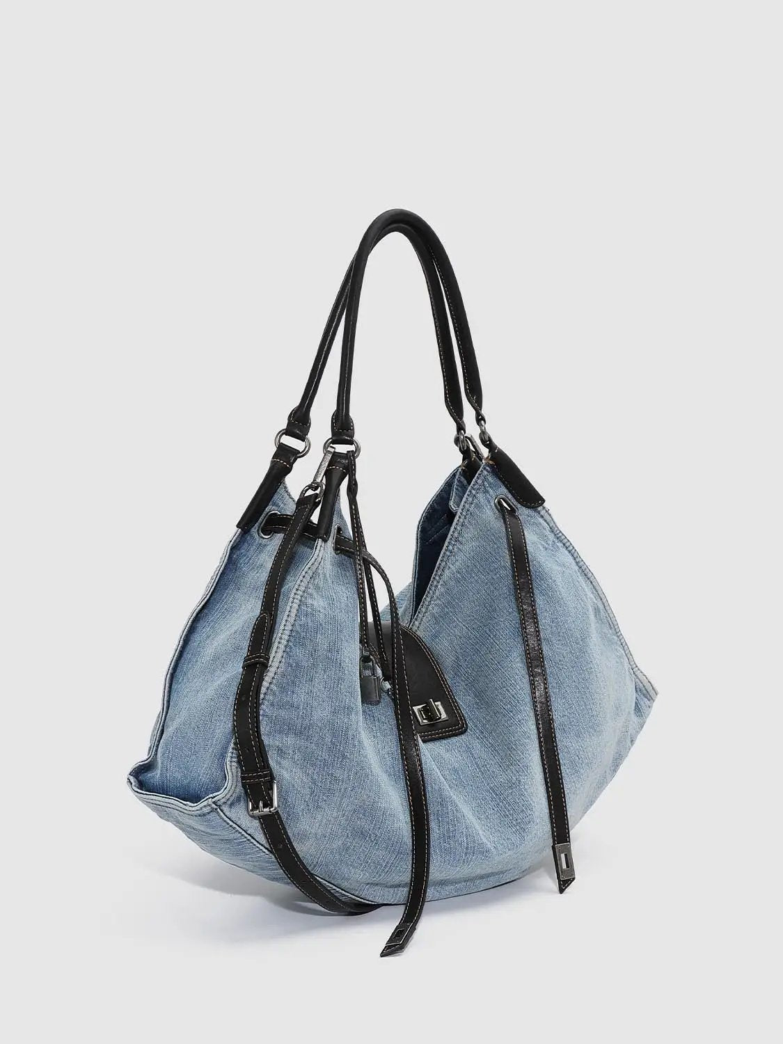 Gradient Detail Denim With Leather Trim Shoulder Bag