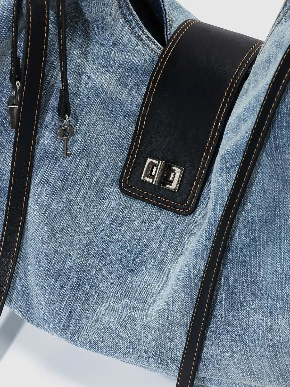 Gradient Detail Denim With Leather Trim Shoulder Bag
