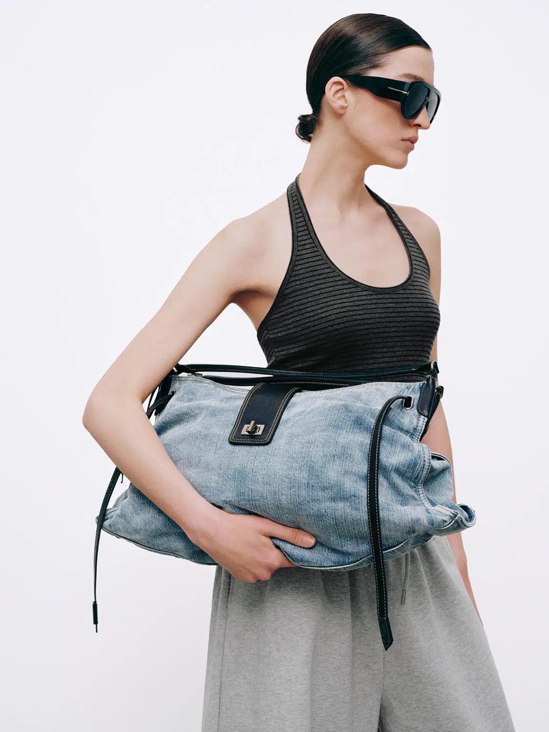 Gradient Detail Denim With Leather Trim Shoulder Bag