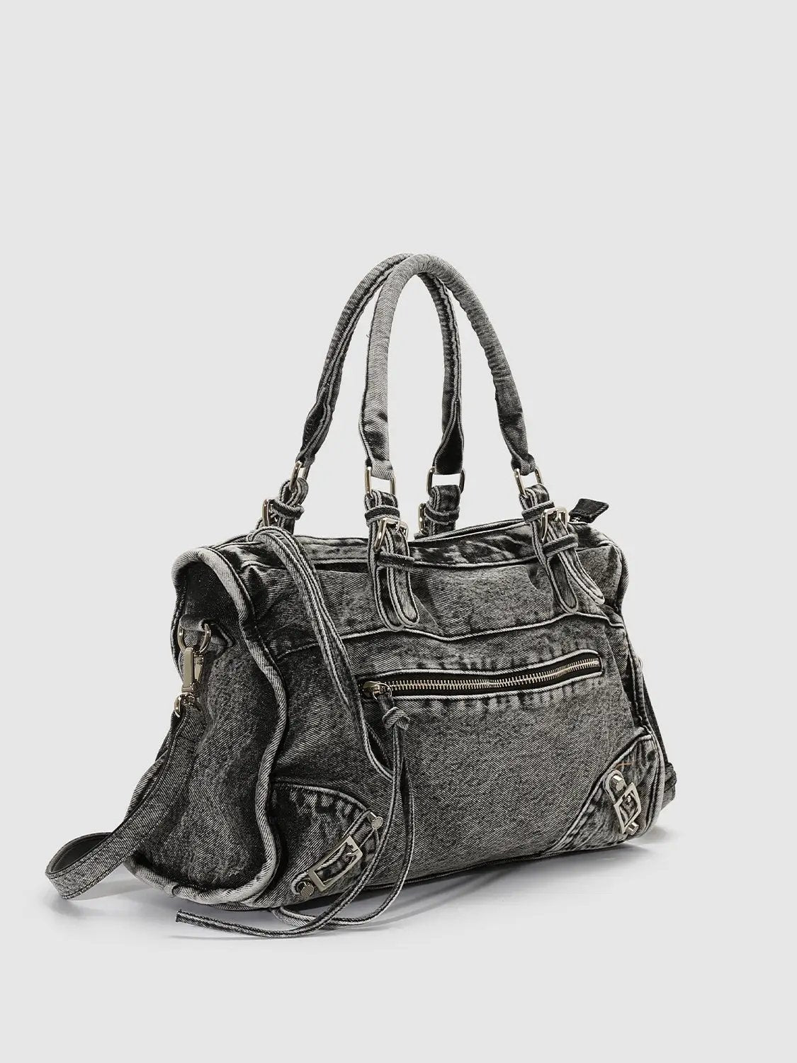 Distressed Denim Metal Detail Drawstring Casual Shoulder Bag