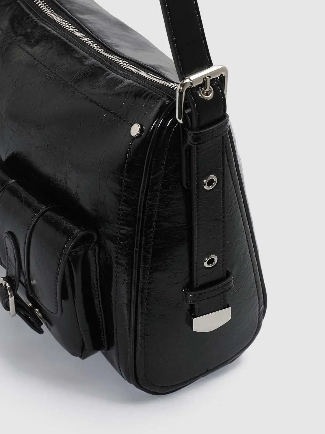 Faux Leather Textured Multi-Pocket Shoulder Bag