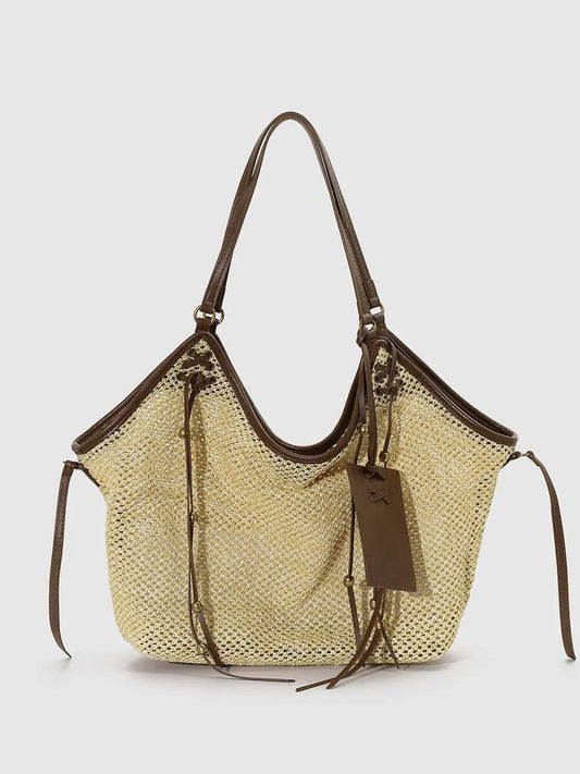 Oversize Contrast Trim Woven Leather Strap Shoulder Bag