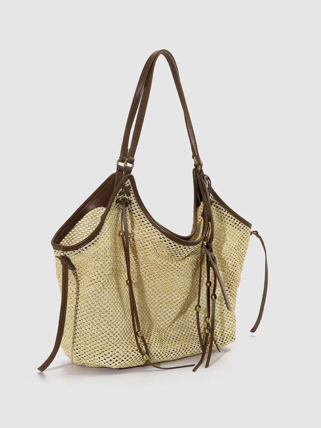 Oversize Contrast Trim Woven Leather Strap Shoulder Bag