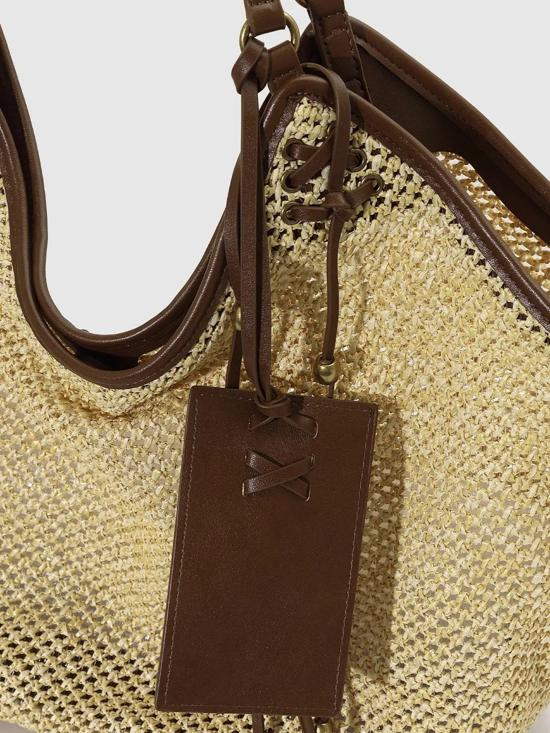 Oversize Contrast Trim Woven Leather Strap Shoulder Bag