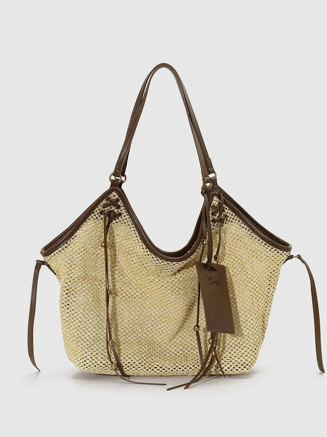 Oversize Contrast Trim Woven Leather Strap Shoulder Bag