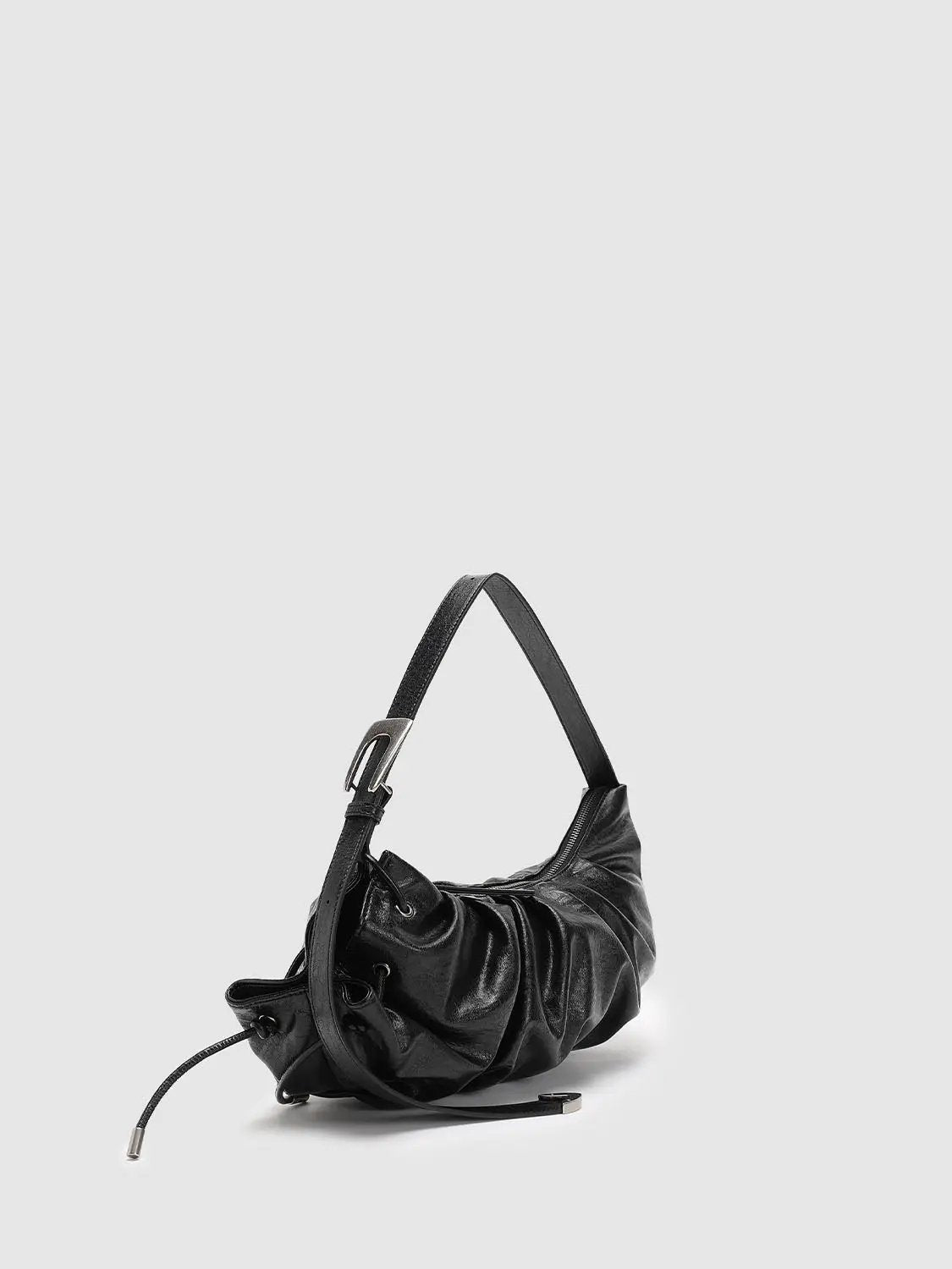 Ruched Crescent Synthetic Textured Black Shoulder Bag