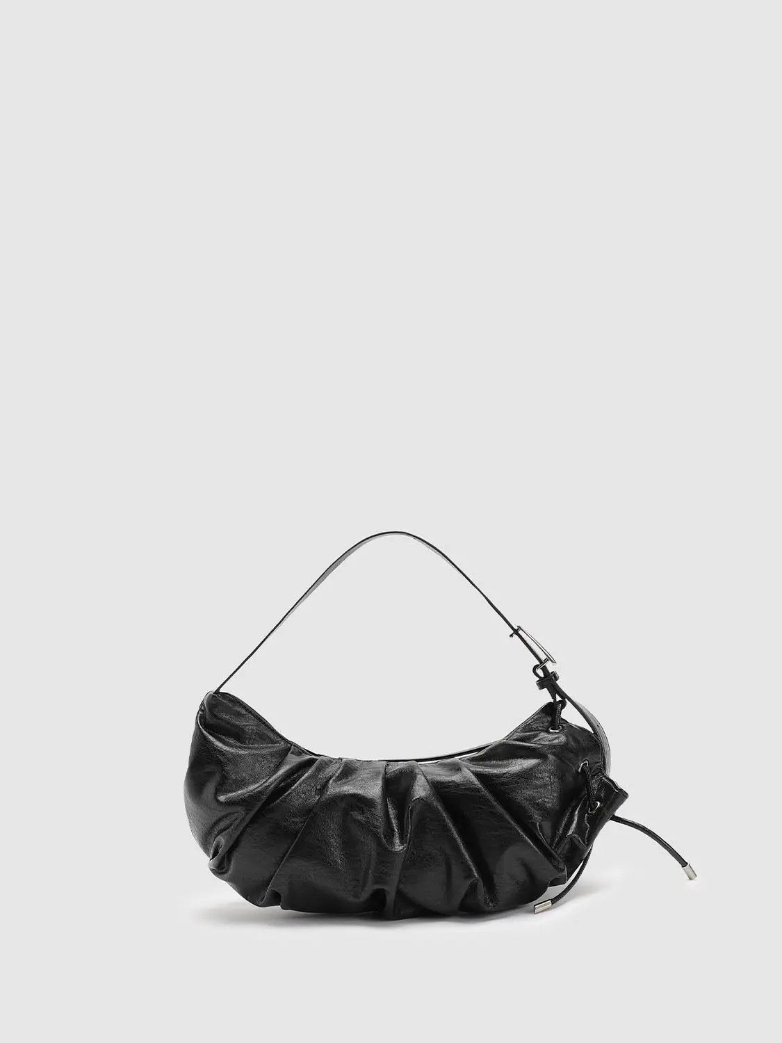 Ruched Crescent Synthetic Textured Black Shoulder Bag