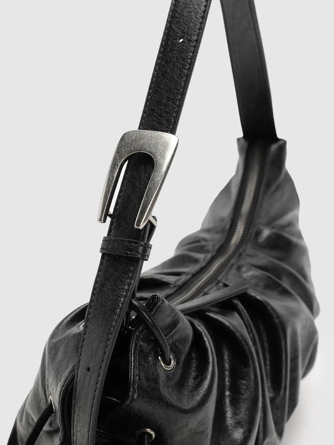 Ruched Crescent Synthetic Textured Black Shoulder Bag