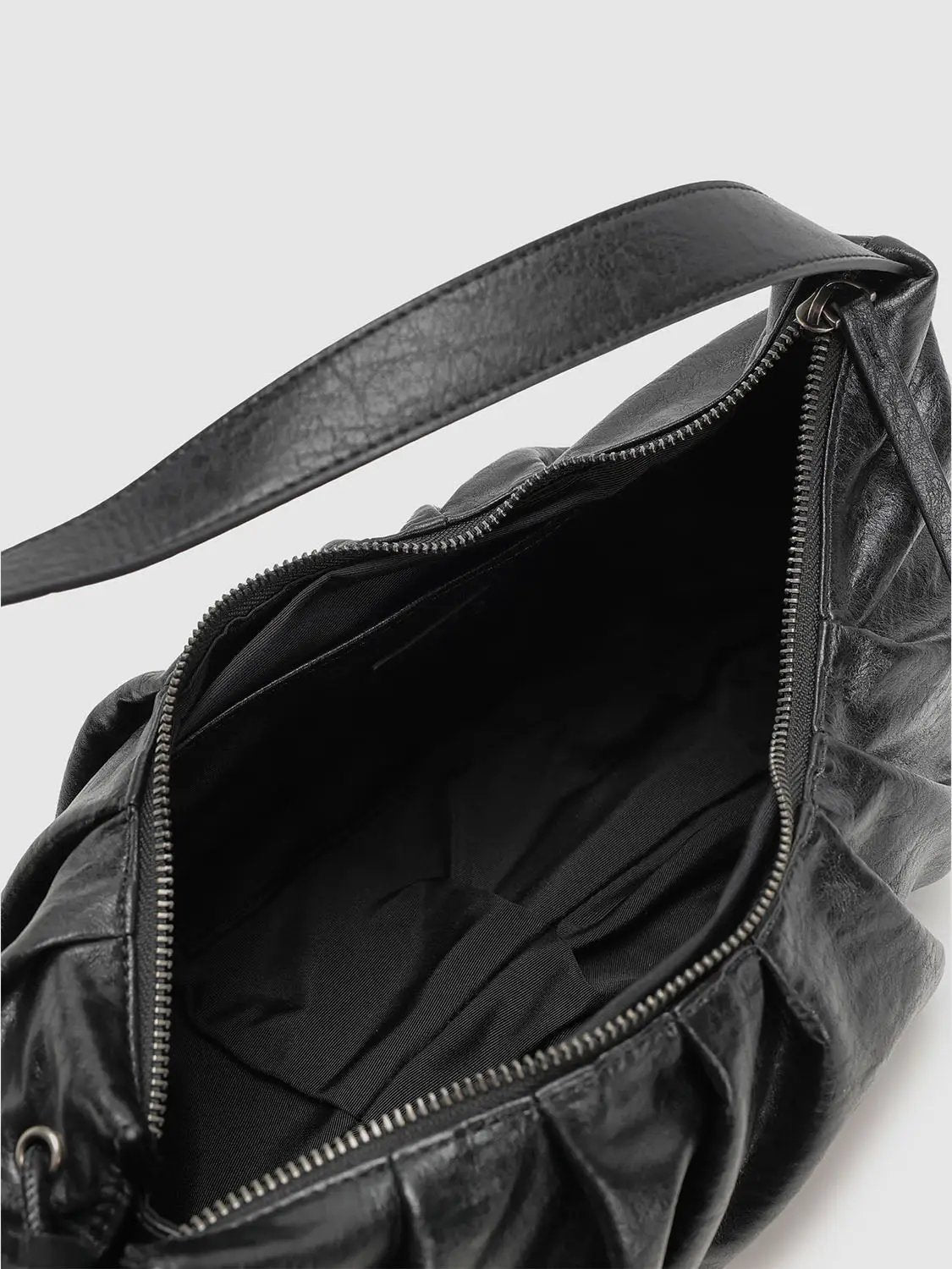 Ruched Crescent Synthetic Textured Black Shoulder Bag
