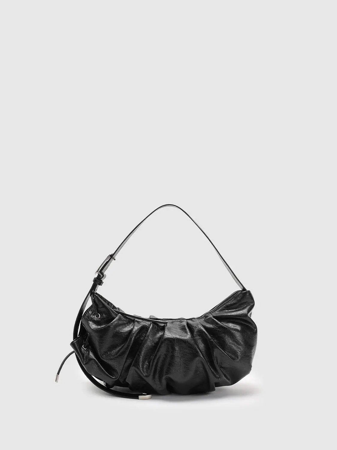 Ruched Crescent Synthetic Textured Black Shoulder Bag