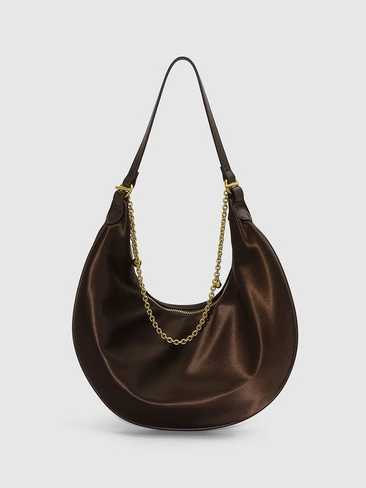 Chain Detail Crescent Stretch Fabric Shoulder Bag