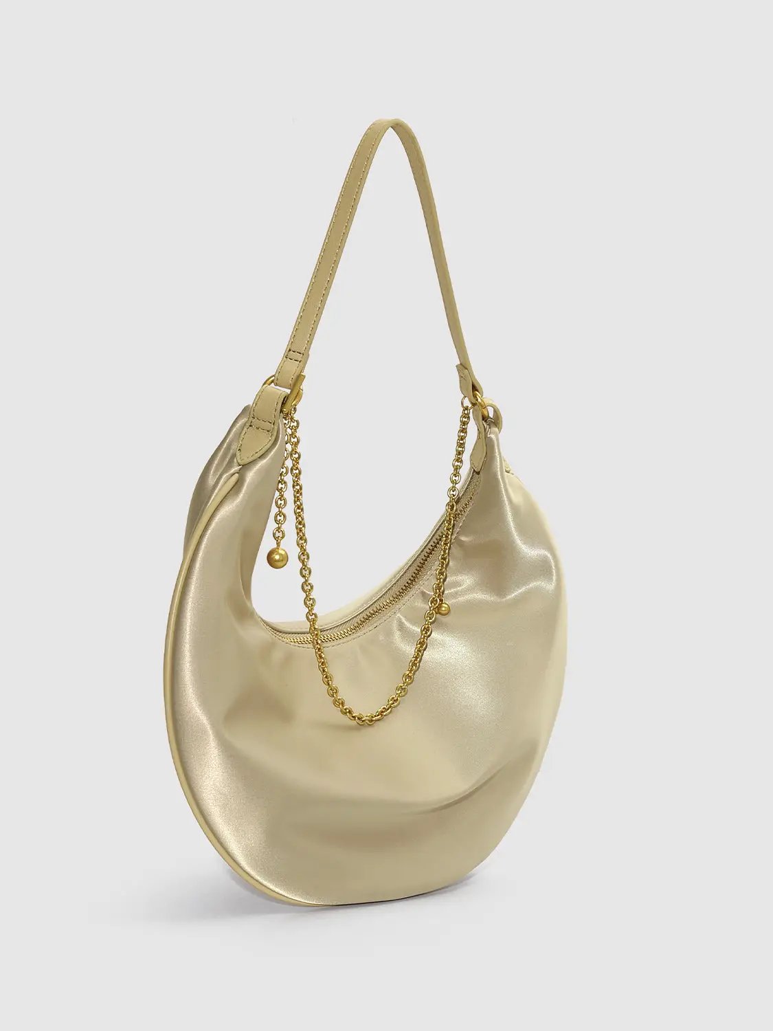 Chain Detail Crescent Stretch Fabric Shoulder Bag