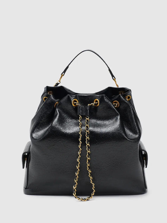 Drawstring Gold Chain Soft Leather Multiway Shoulder Bag