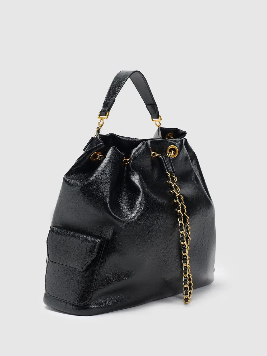 Drawstring Gold Chain Soft Leather Multiway Shoulder Bag
