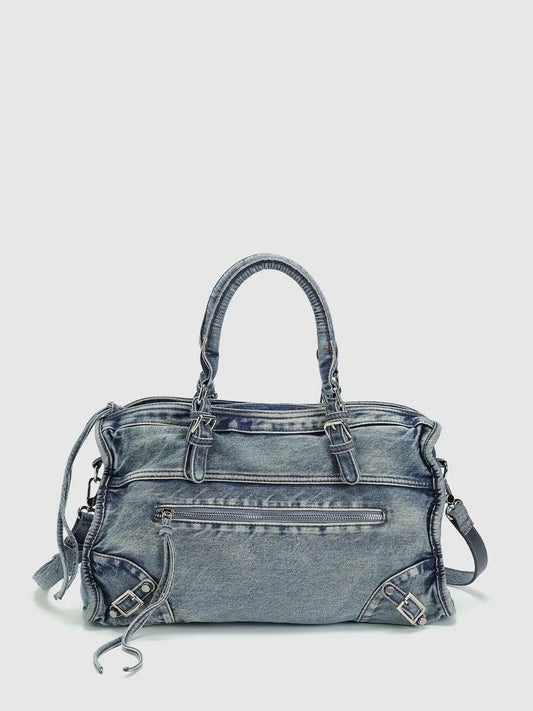 Frayed Edge Washed Tote Front Pocket Denim Bag