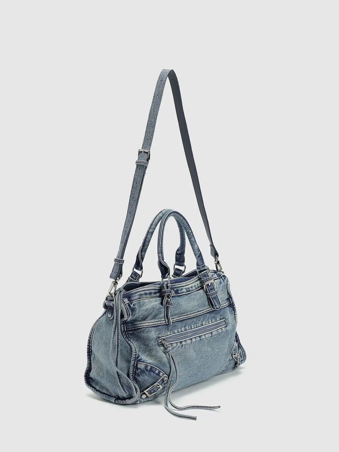 Frayed Edge Washed Tote Front Pocket Denim Bag