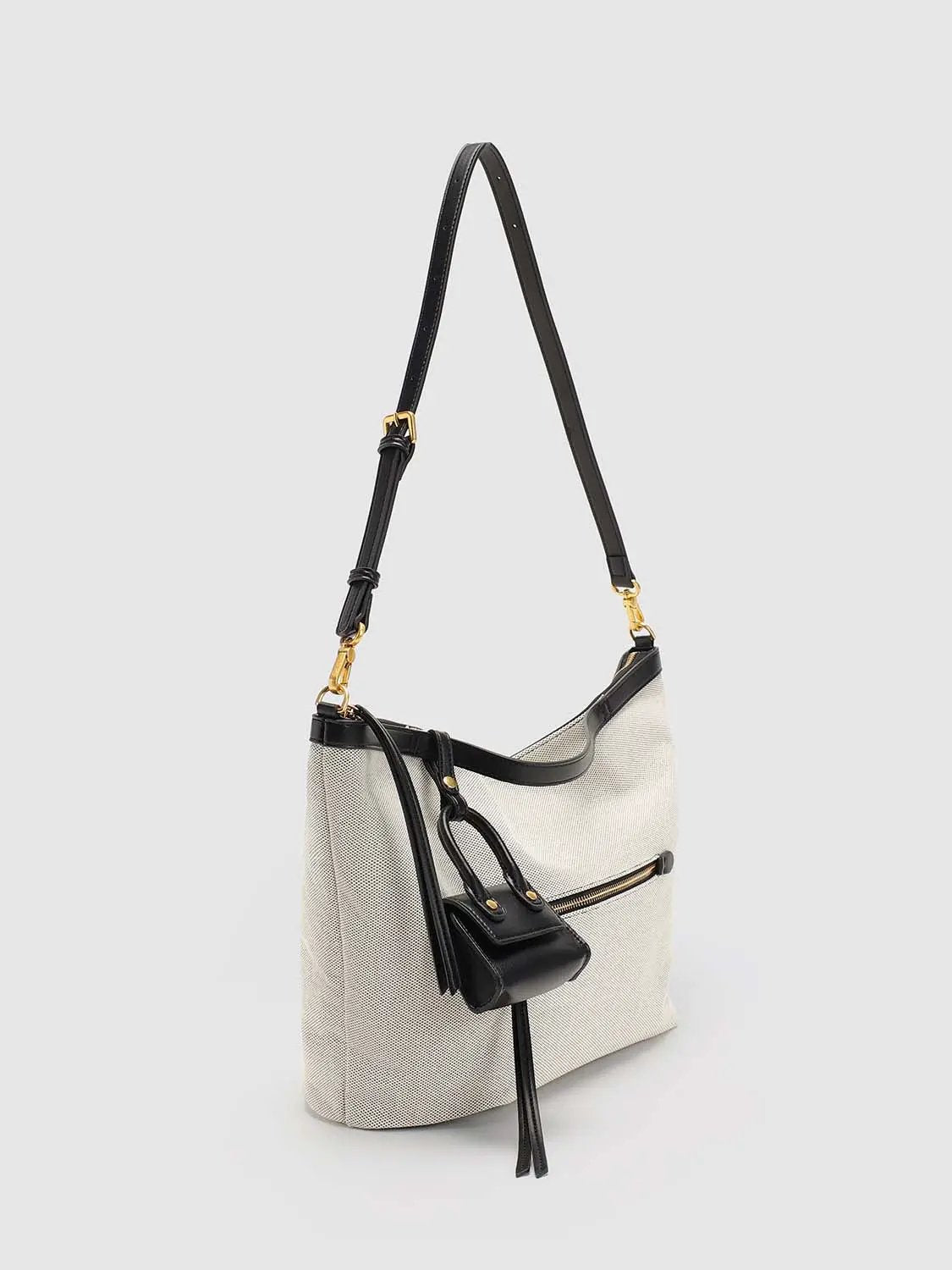 Textile Textured Weave Zippered Front Pocket Shoulder Bag