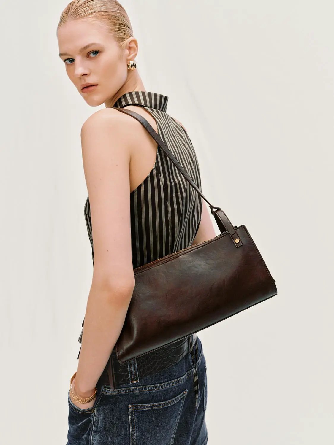 Zip Top Padlockcharm Long Strap Shoulder Bag