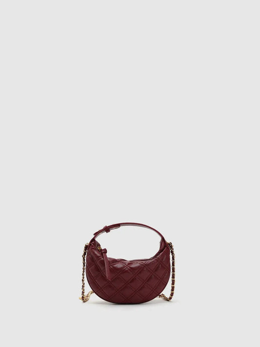 Burgundy Crescent Quilted Bow Top Handle Crossbody Bag