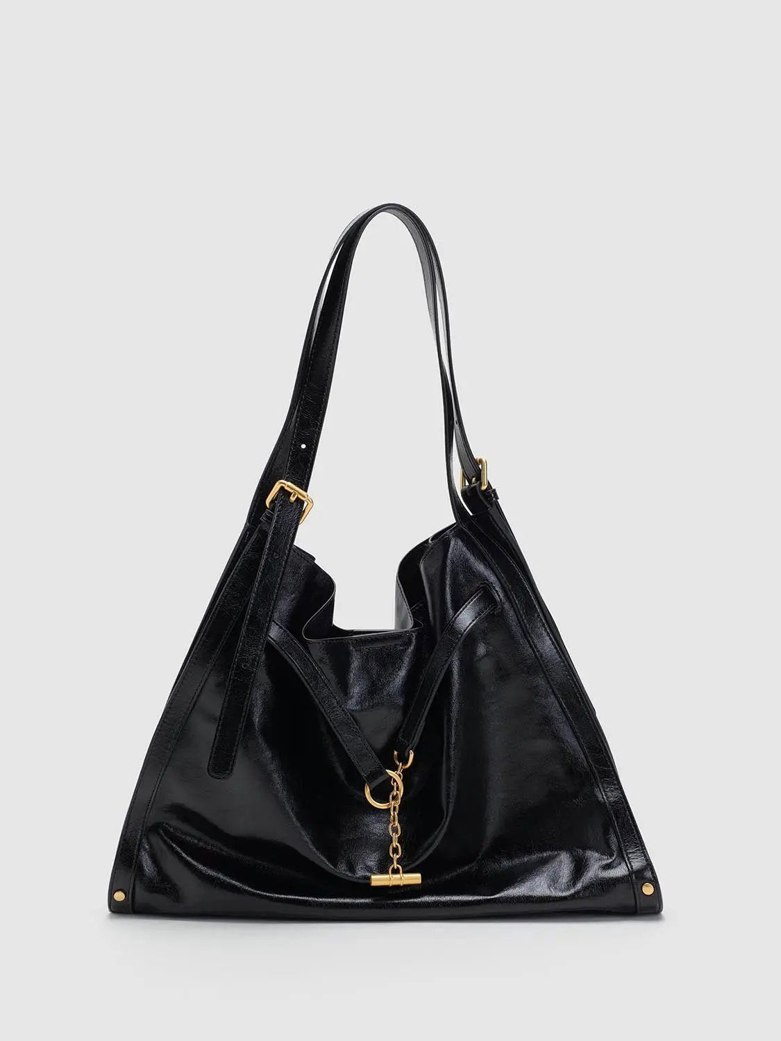 Black Triangular Shoulder Bag With Gold Chain Detail