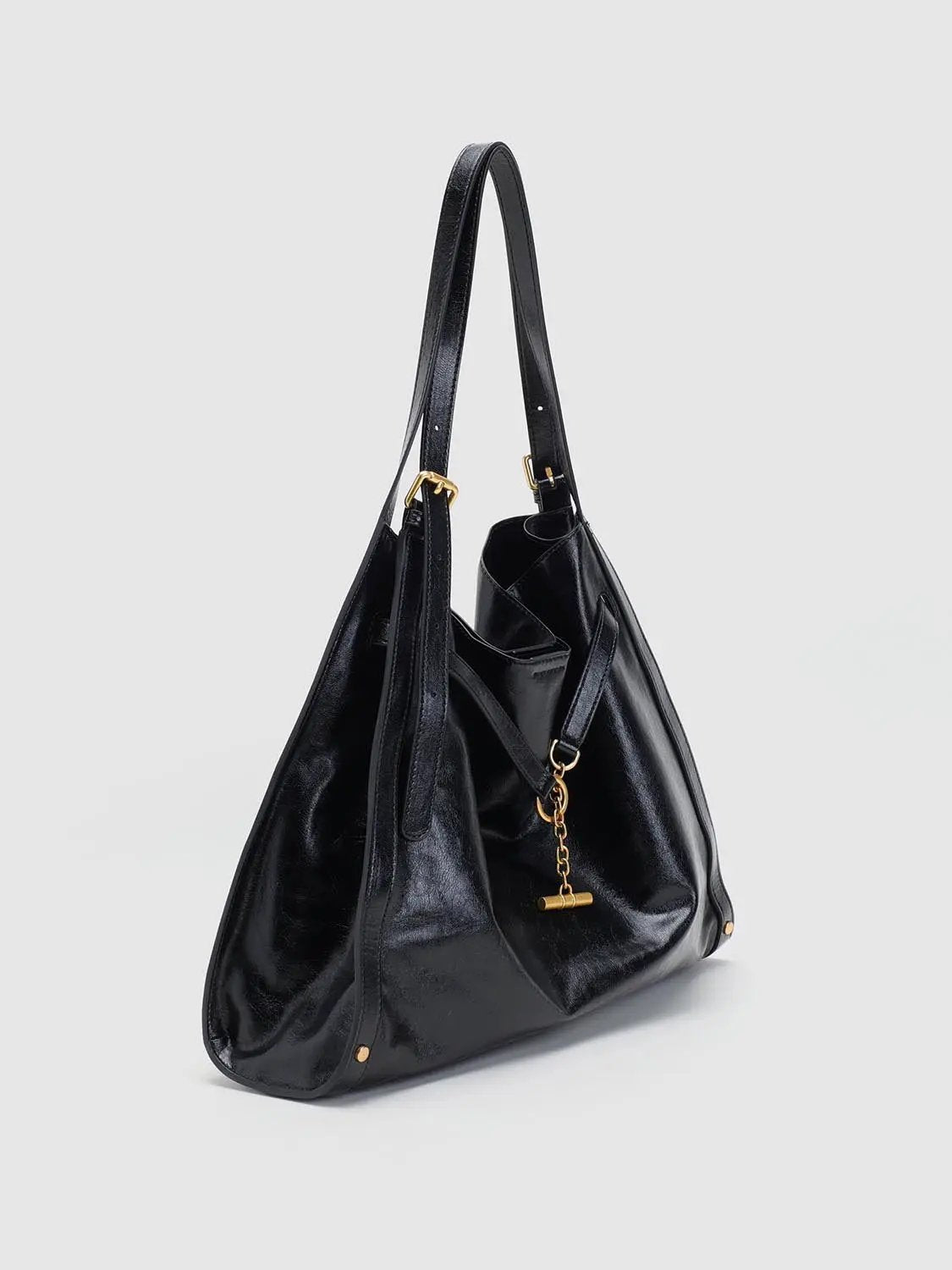 Black Triangular Shoulder Bag With Gold Chain Detail