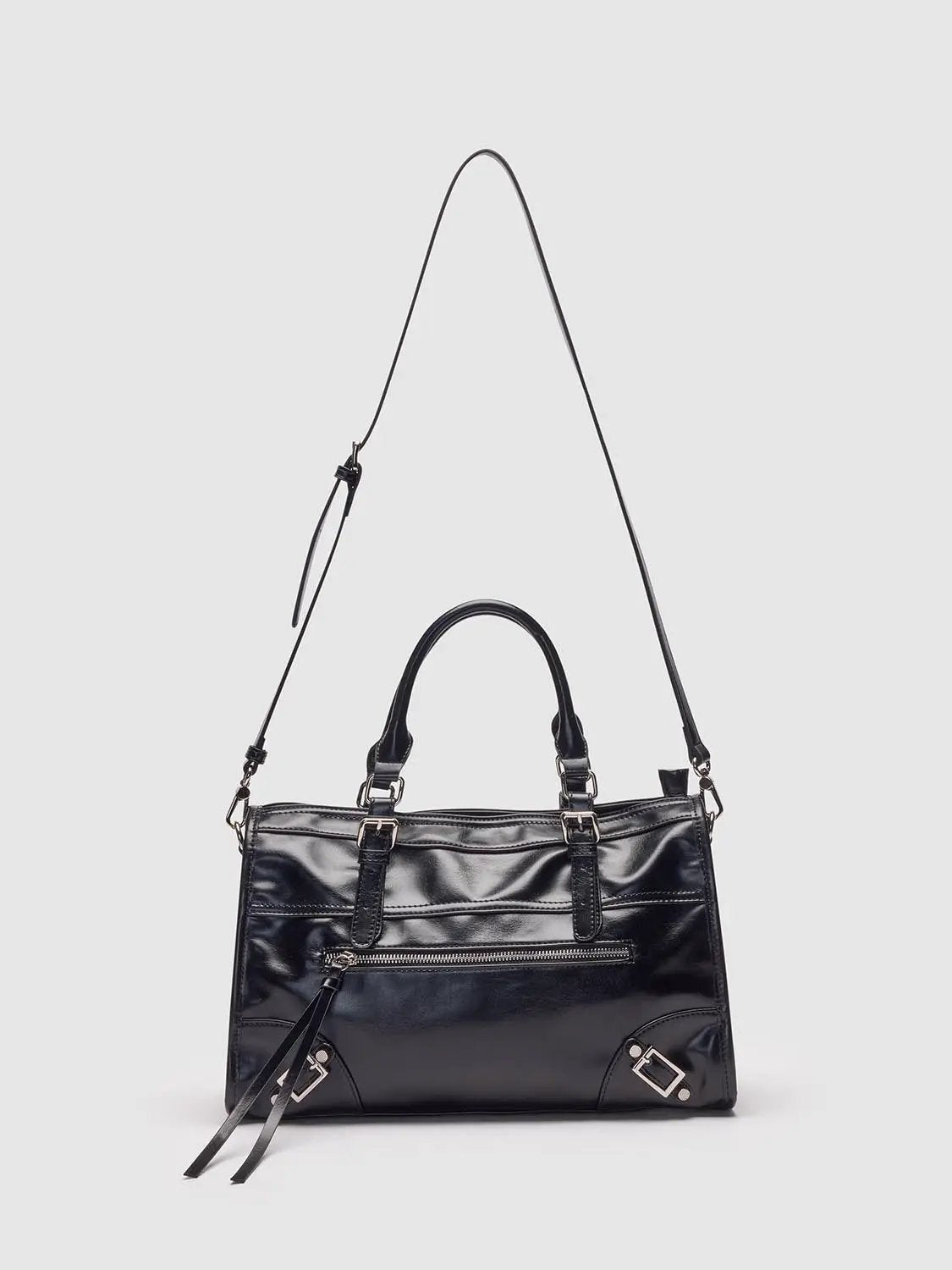 Glossy Black Crossbody Tote Front Zip Pocket Bag