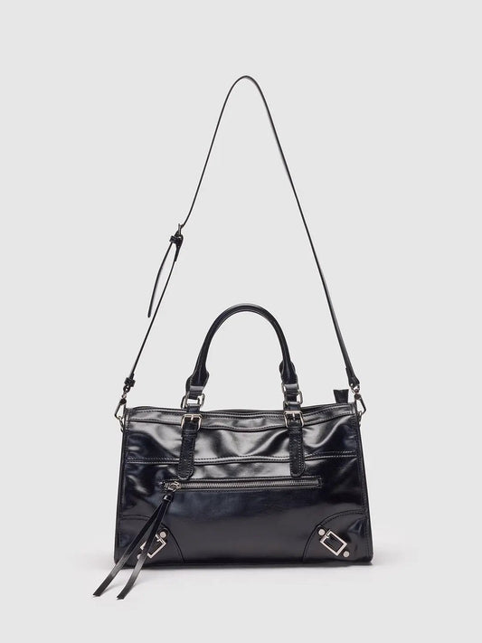 Glossy Black Crossbody Tote Front Zip Pocket Bag