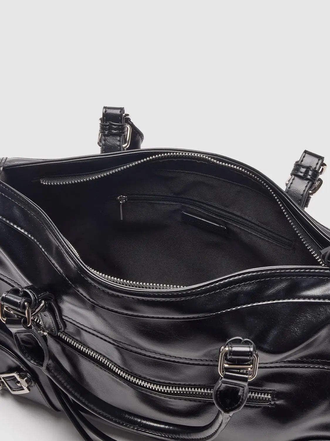 Glossy Black Crossbody Tote Front Zip Pocket Bag