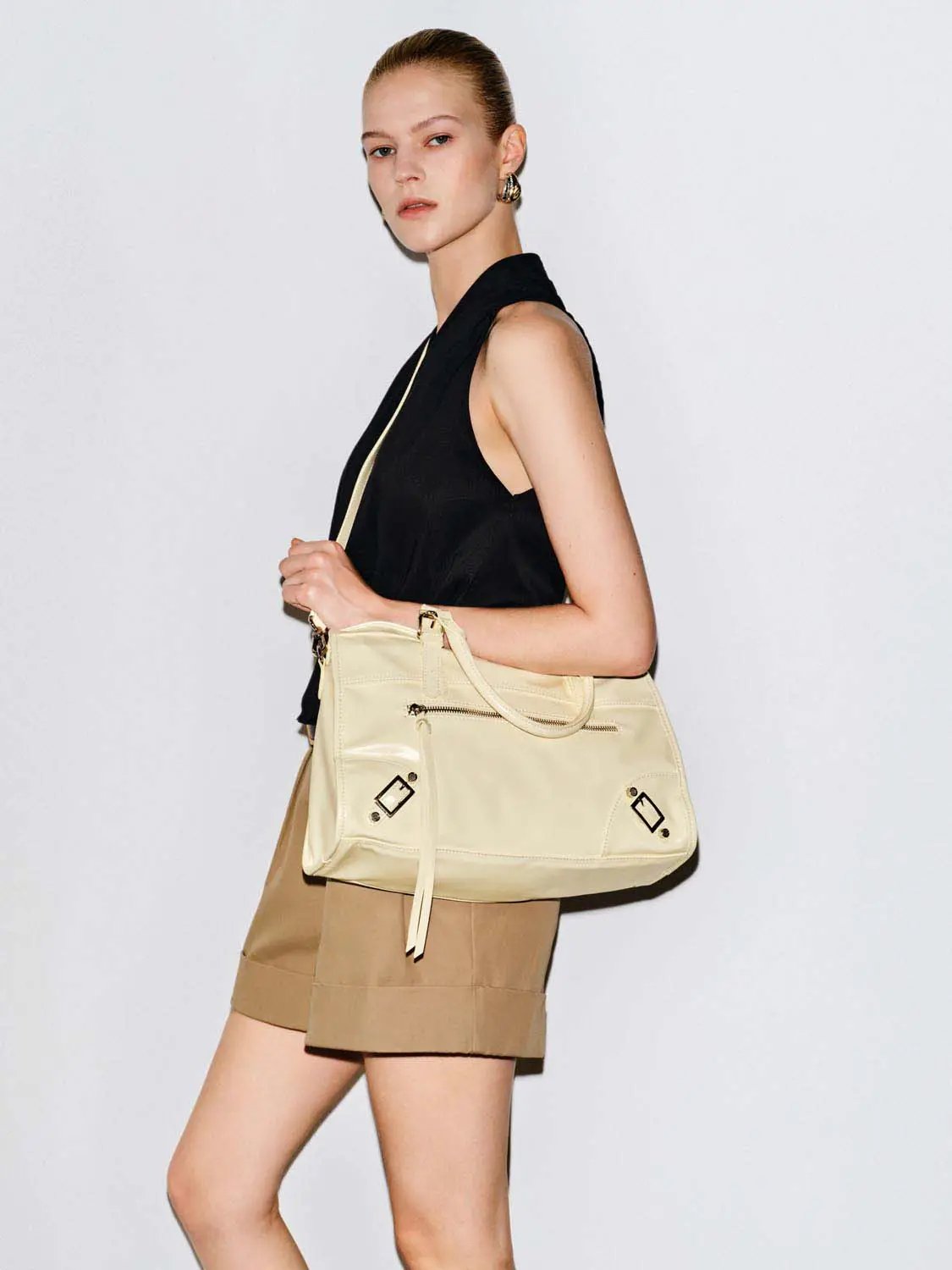 Glossy Black Crossbody Tote Front Zip Pocket Bag