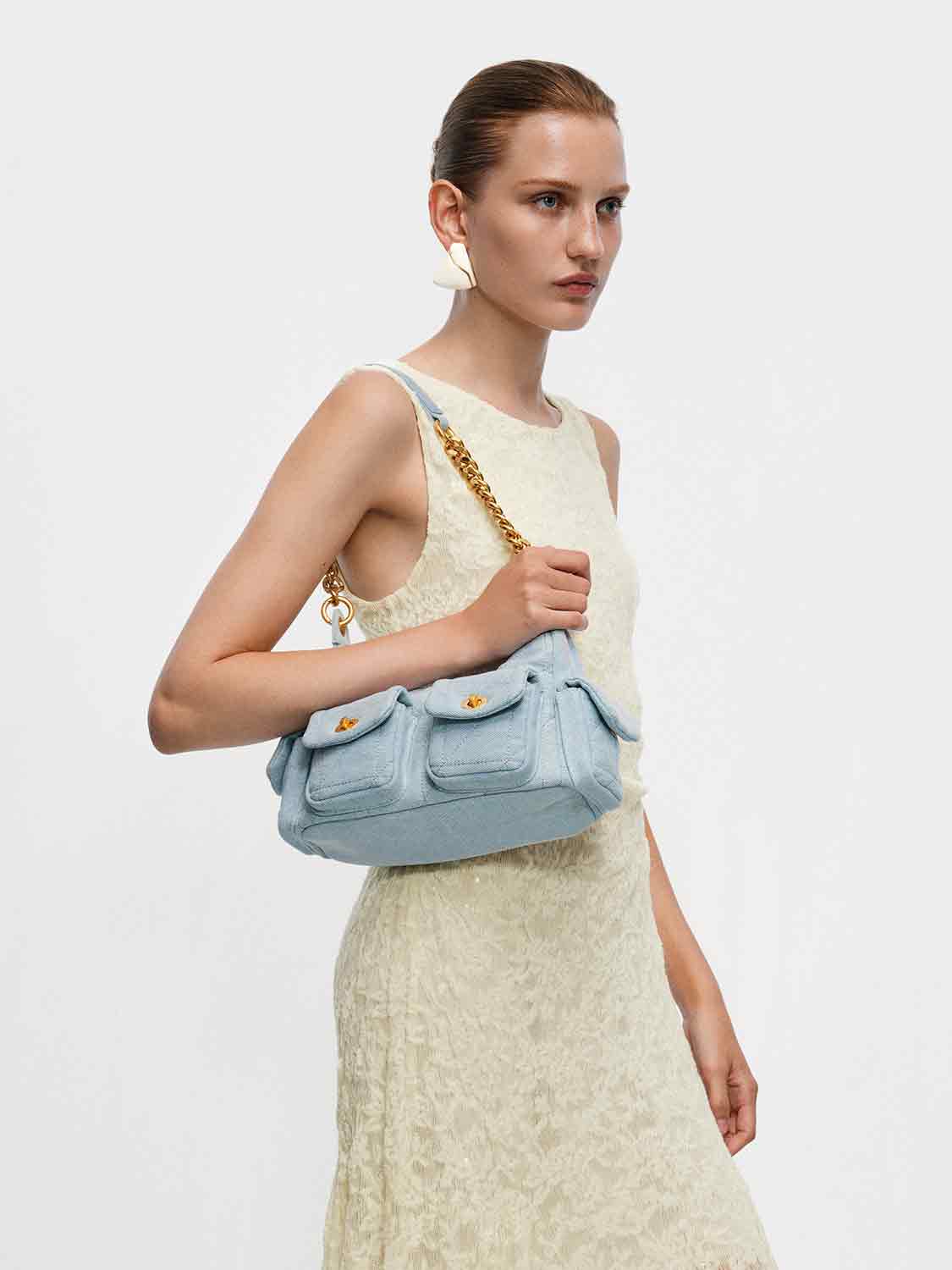 Quilted Chain Detail Front Pocket Crossbody Bag