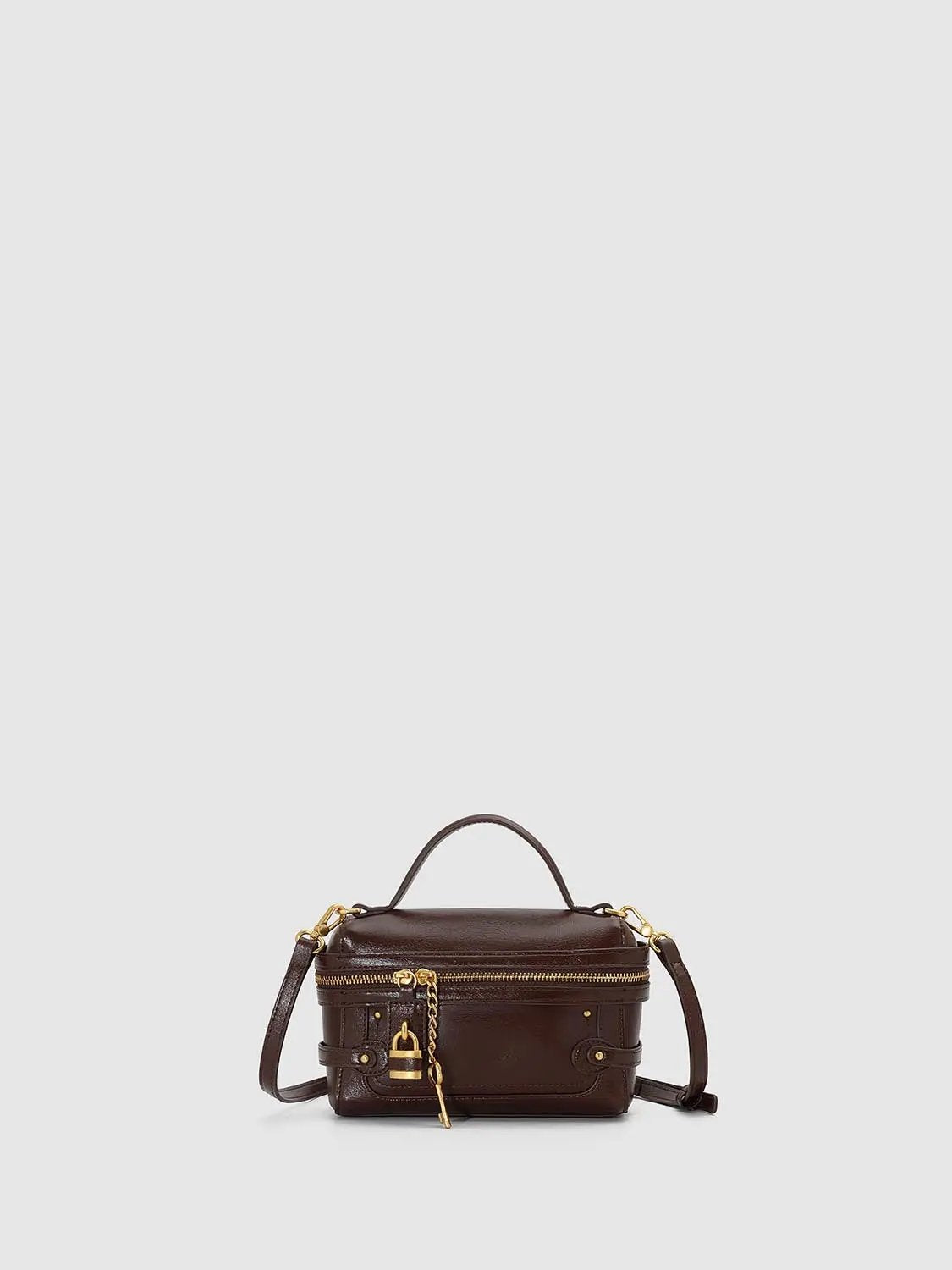 Box Top Handle Zipper Lock Charm Crossbody Handbag