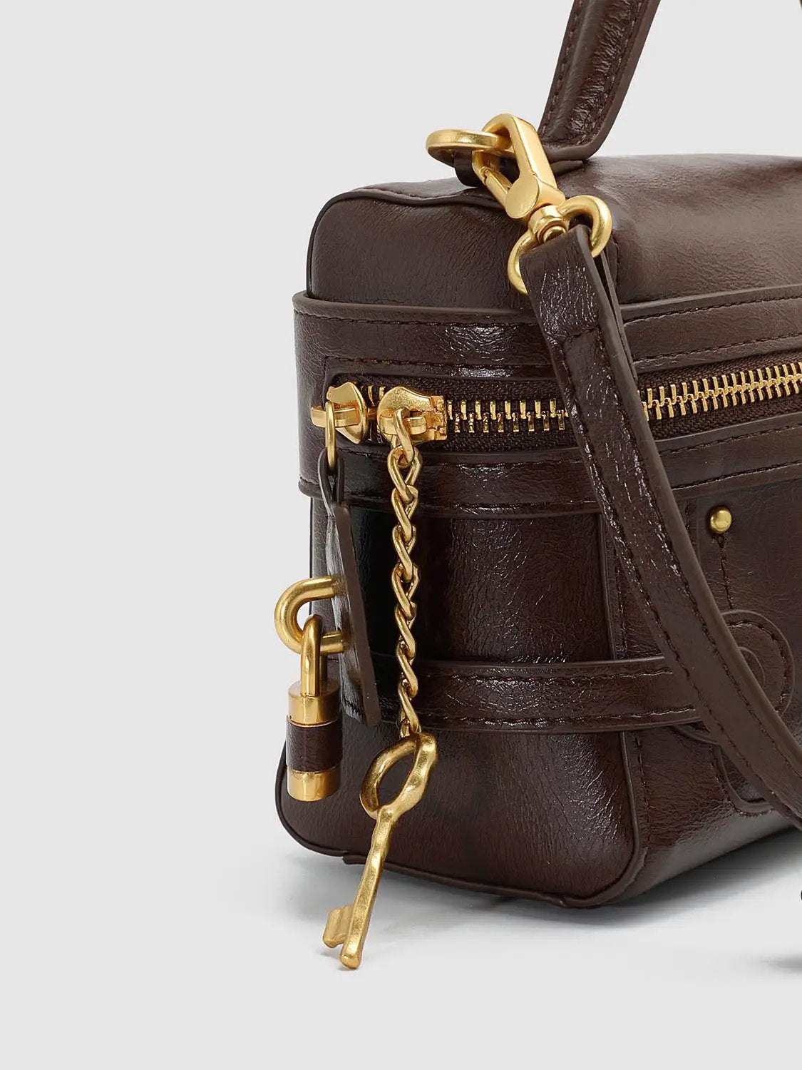 Box Top Handle Zipper Lock Charm Crossbody Handbag