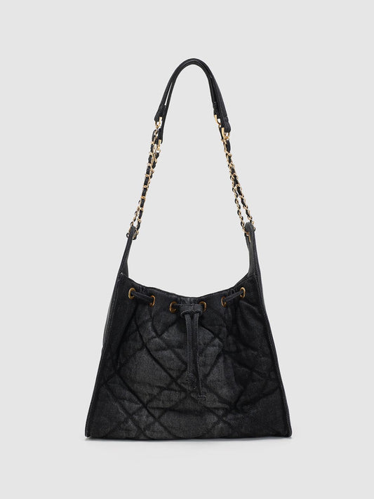 Quilted Black Drawstring Chain Shoulder Bag