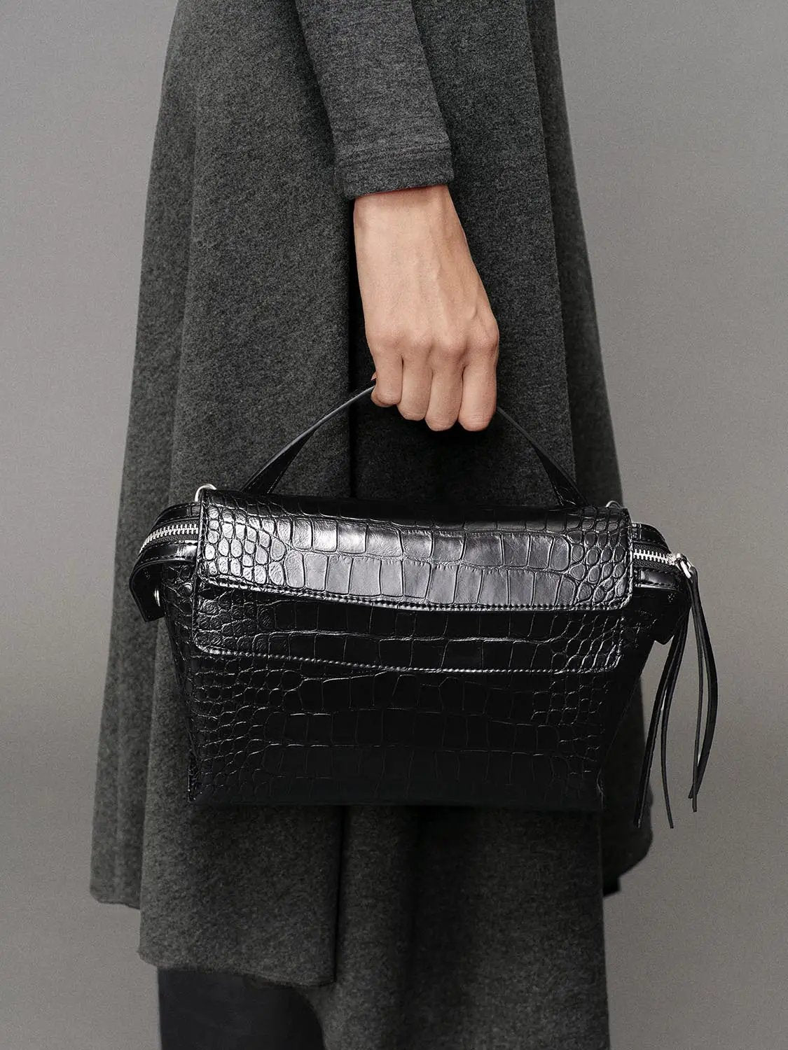 Embossed Crocodile Top Handle Crossbody Handbag