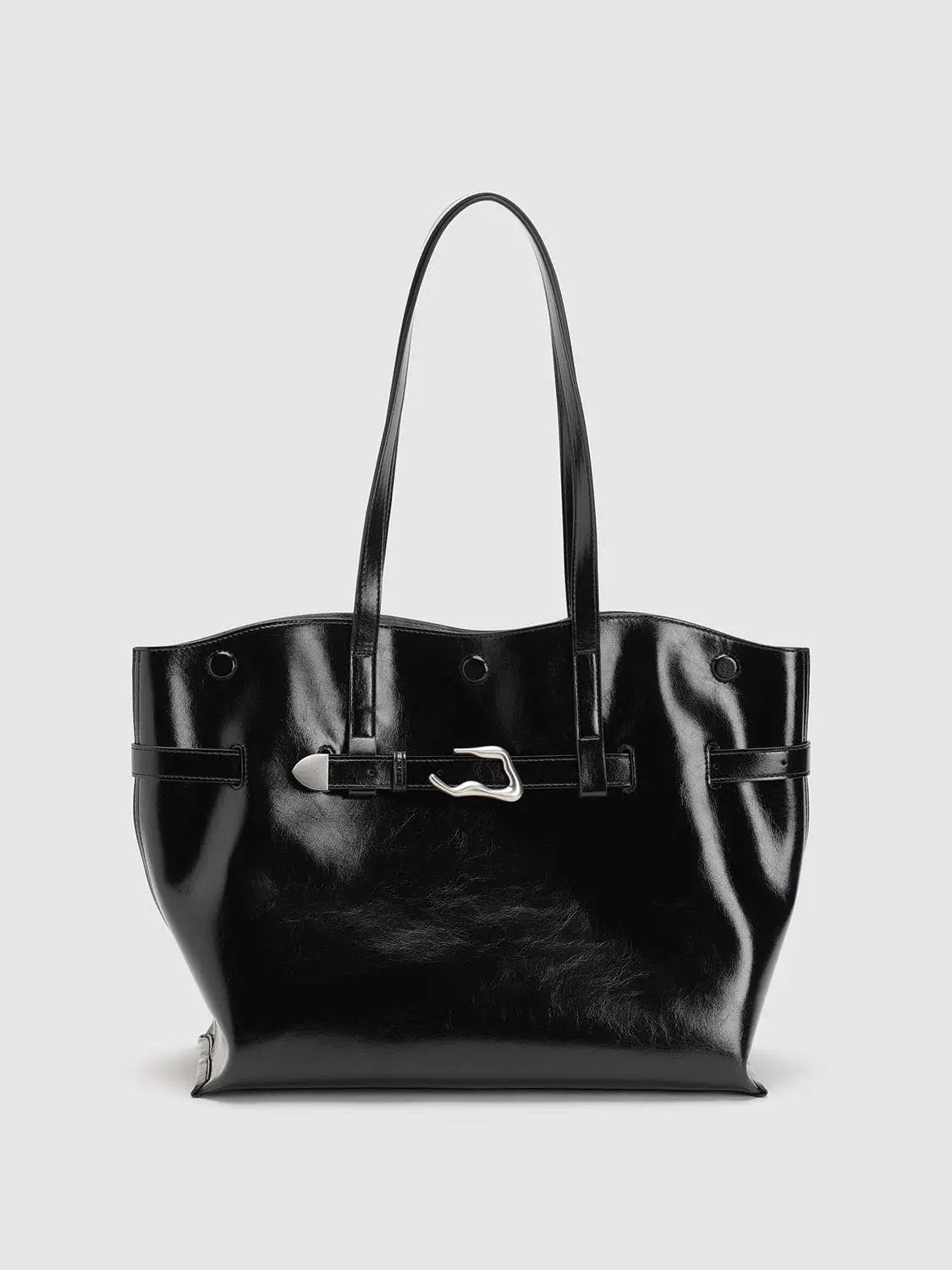 Black Glossy Buckle Detail Long Handle Shoulder Bag