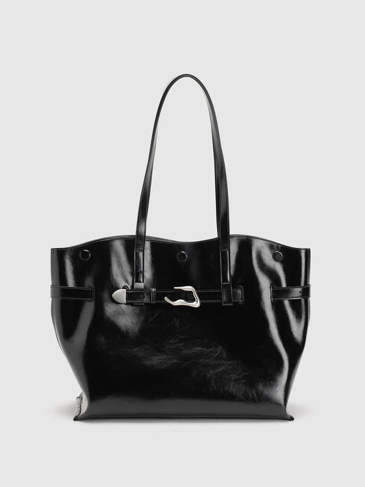 Black Glossy Buckle Detail Long Handle Shoulder Bag