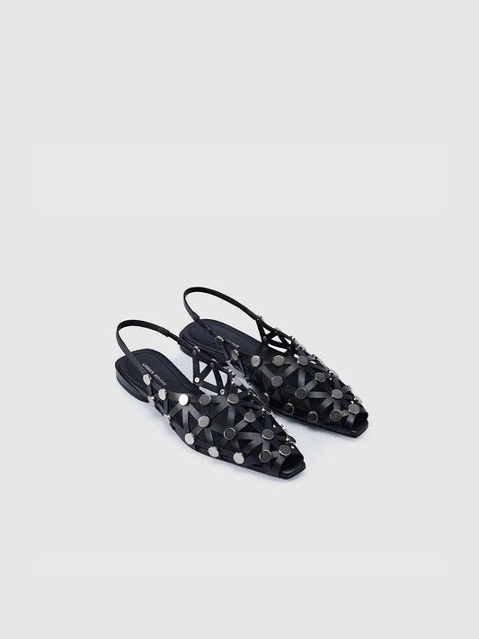 Lattice Cutout Studded Faux Leather Slingback Sandals