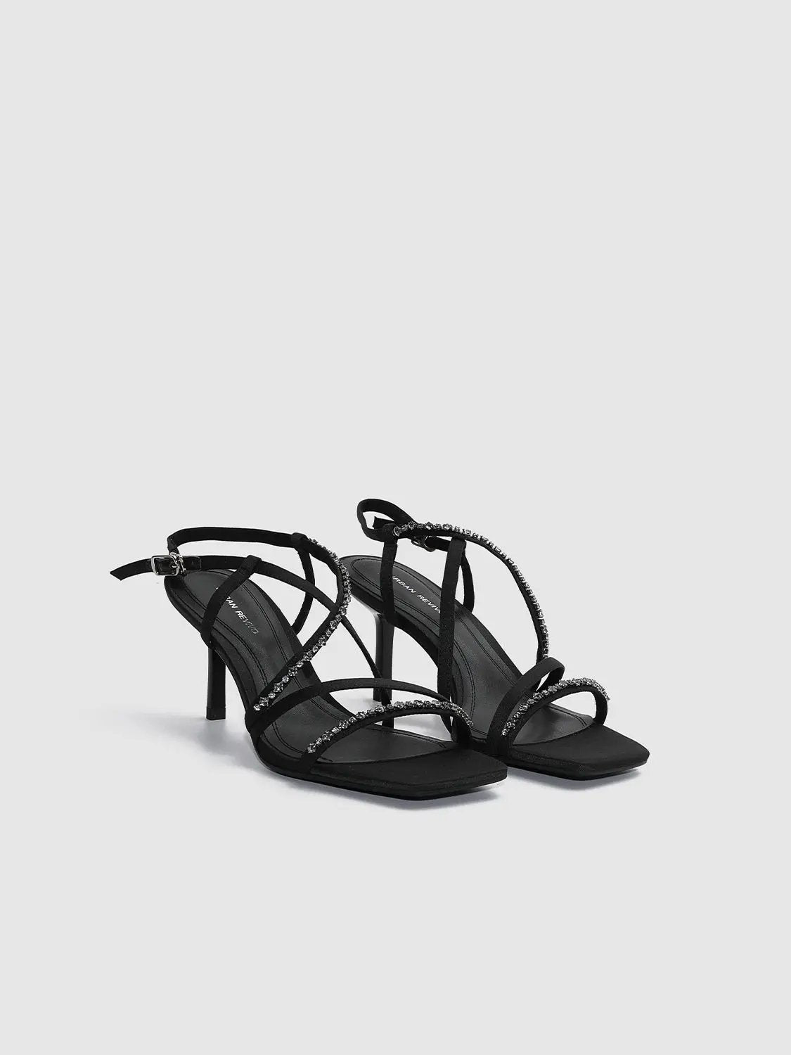Square Toe Rhinestone Thin Strap Stiletto Heel Sandals