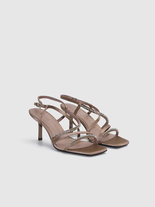 Square Toe Rhinestone Thin Strap Stiletto Heel Sandals