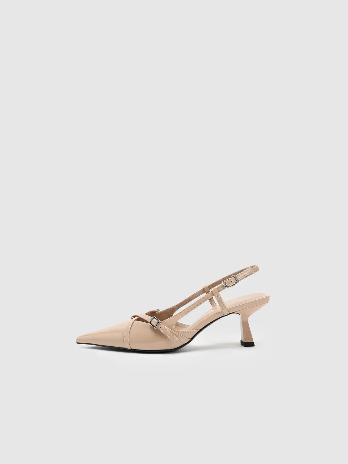 Cream Patent Look Elegant Point Toe Mid Heel Slingbacks
