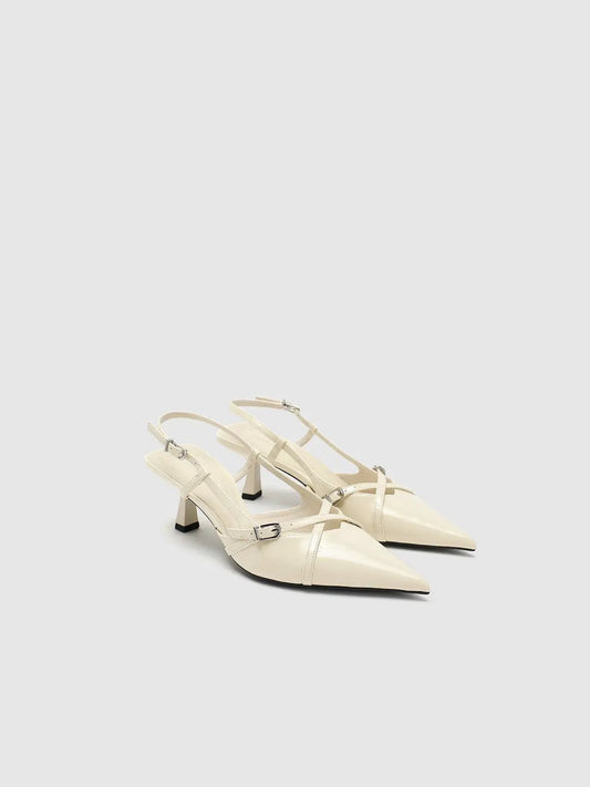 Cream Patent Look Elegant Point Toe Mid Heel Slingbacks