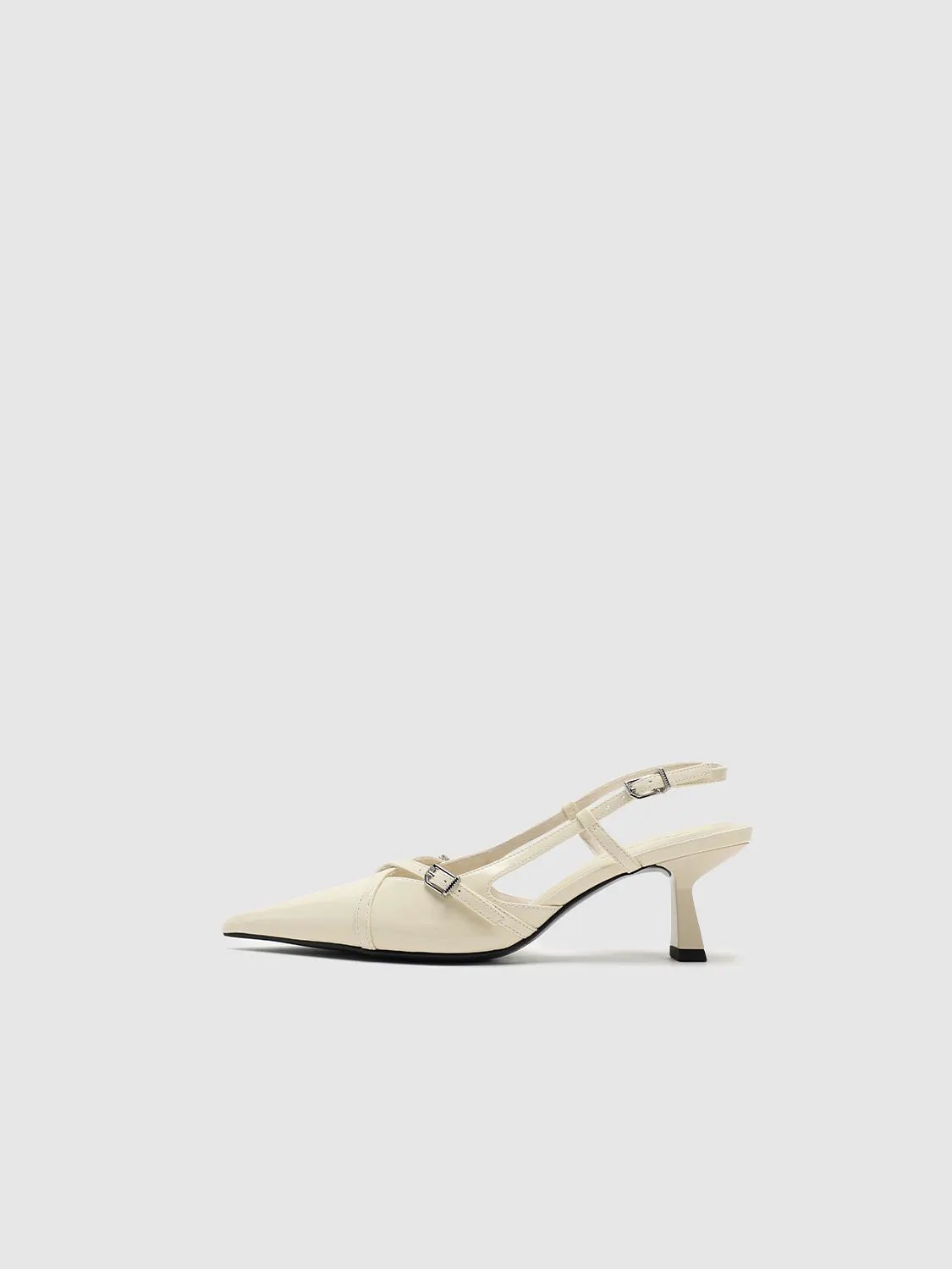Cream Patent Look Elegant Point Toe Mid Heel Slingbacks