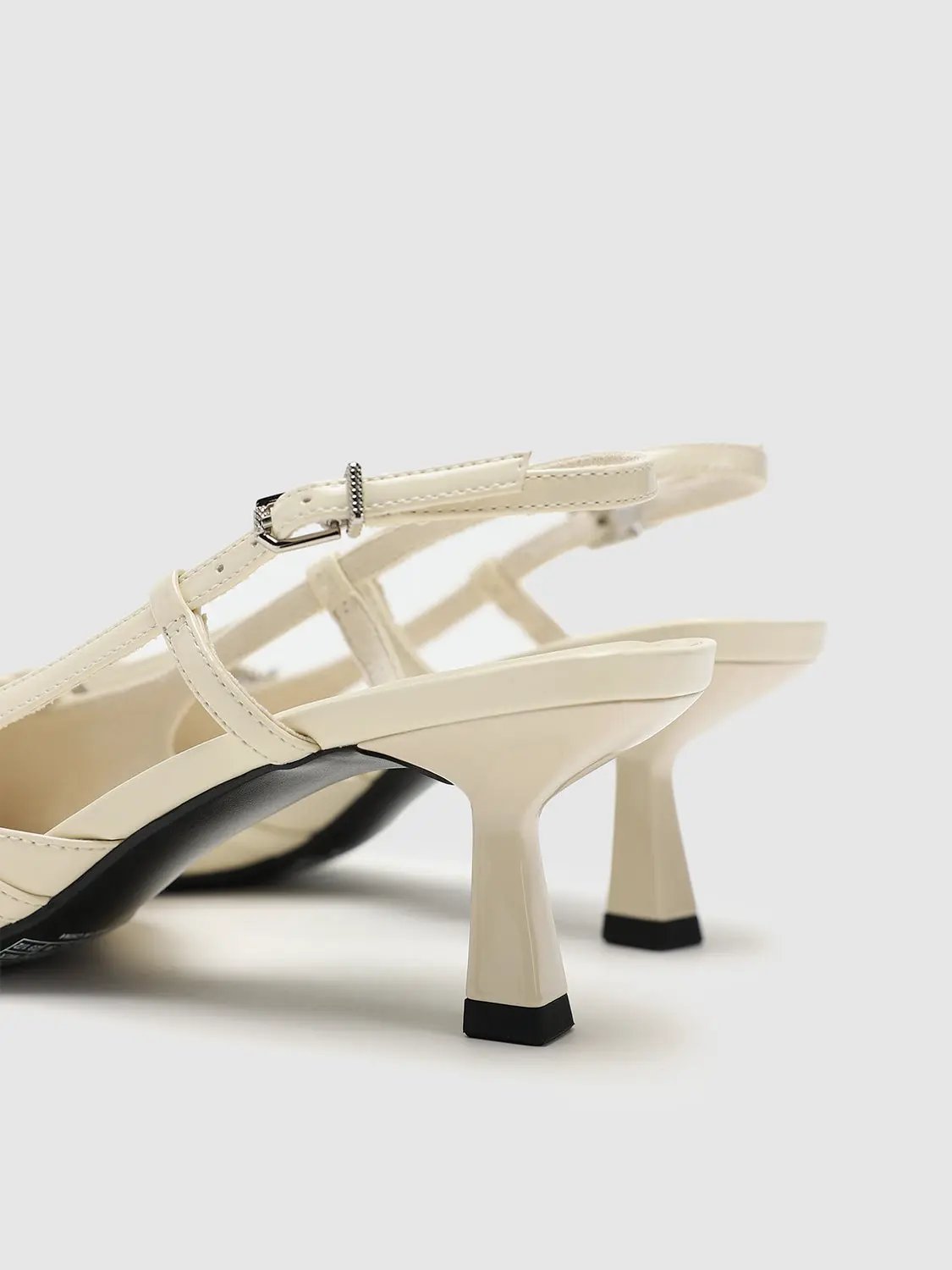 Cream Patent Look Elegant Point Toe Mid Heel Slingbacks