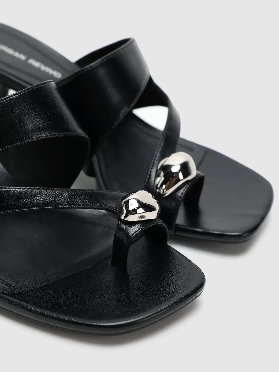 Square Toe Metal Ornament Strap Flat Slide Sandals