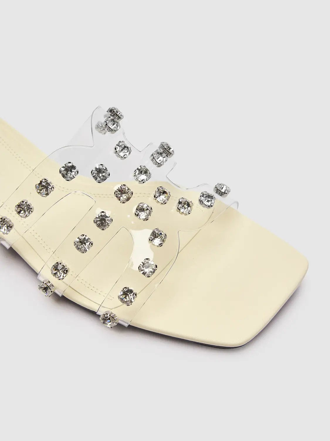 Square Toe Block Heel Clear PVC Rhinestone Slide Slippers
