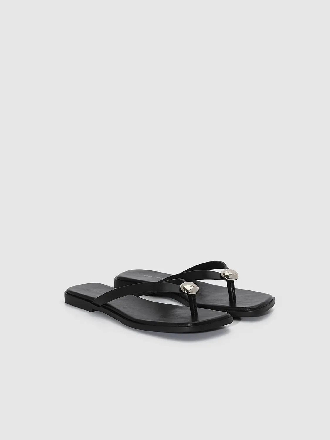Square Toe Metal Detail Faux Leather Flip Flop Slippers